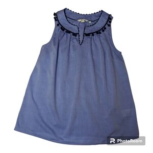 Boden Light Blue Sleeveless Blouse Black Pom Pom Trim Women's 6 Excellent Cond!!